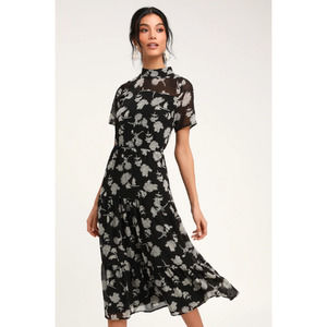 Lulu's Floral Dressed Up Black Floral Print Midi Fit & Flare Dress
